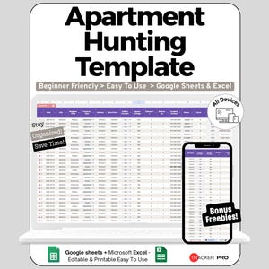 May include: A digital apartment hunting template displayed on a laptop and smartphone. The template includes a spreadsheet with columns for various apartment details. Text on the image includes "Apartment Hunting Template", "Beginner Friendly", and "Bonus Freebies!"