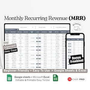 月次経常収益トラッカー Google Excel、MRRスプレッドシートテンプレート、サブスクリプション収入トラッカー、SaaS収益ログ Google Sheets
