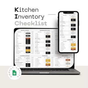 Plantilla editable de seguimiento de inventario de cocina para despensa, congelador y gestión de alimentos (hoja de cálculo para Google Sheets y Excel). Lista de organización de alimentos.
