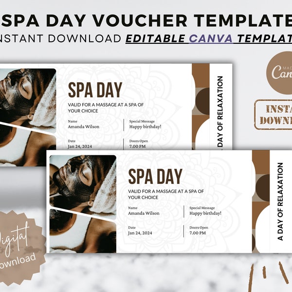 Editable Spa Day Voucher Personalized Massage Coupon Printable Gift Idea Wellness Coupon Gift DIY Facial Coupon Last Minute Present Canva