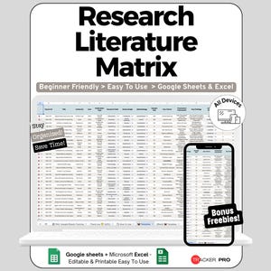 Research Tracker Spreadsheet Google Sheets Template, Literature Review Log with Methods Findings & Relevance Score, Thesis Citation Planner