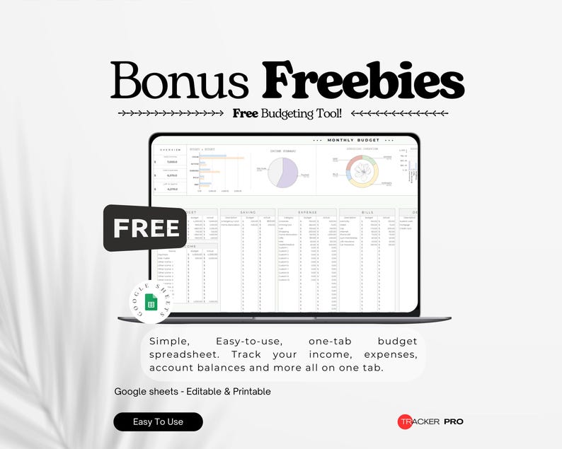 May include: A digital image of a laptop screen displaying a budget spreadsheet. The words "Bonus Freebies" and "Free Budgeting Tool!" are at the top. A black rectangle with the word "FREE" is on the left. The text reads: "Simple, Easy-to-use, one-tab budget spreadsheet."