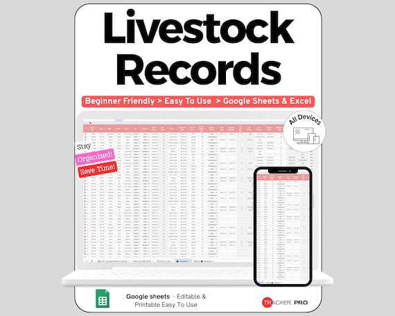 Livestock Record Keeping Spreadsheet Google Sheets, Animal Health and Breeding Log Template, Herd Inventory & Expense Tracker for Farmers