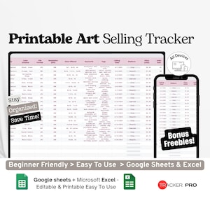 Druckbare Verkaufsübersicht für Kunstwerke (Google Excel), Etsy-Produktlistenprotokoll, Verkaufsblatt für digitale Kunst, Print-on-Demand-Planer (Google Tabellen)
