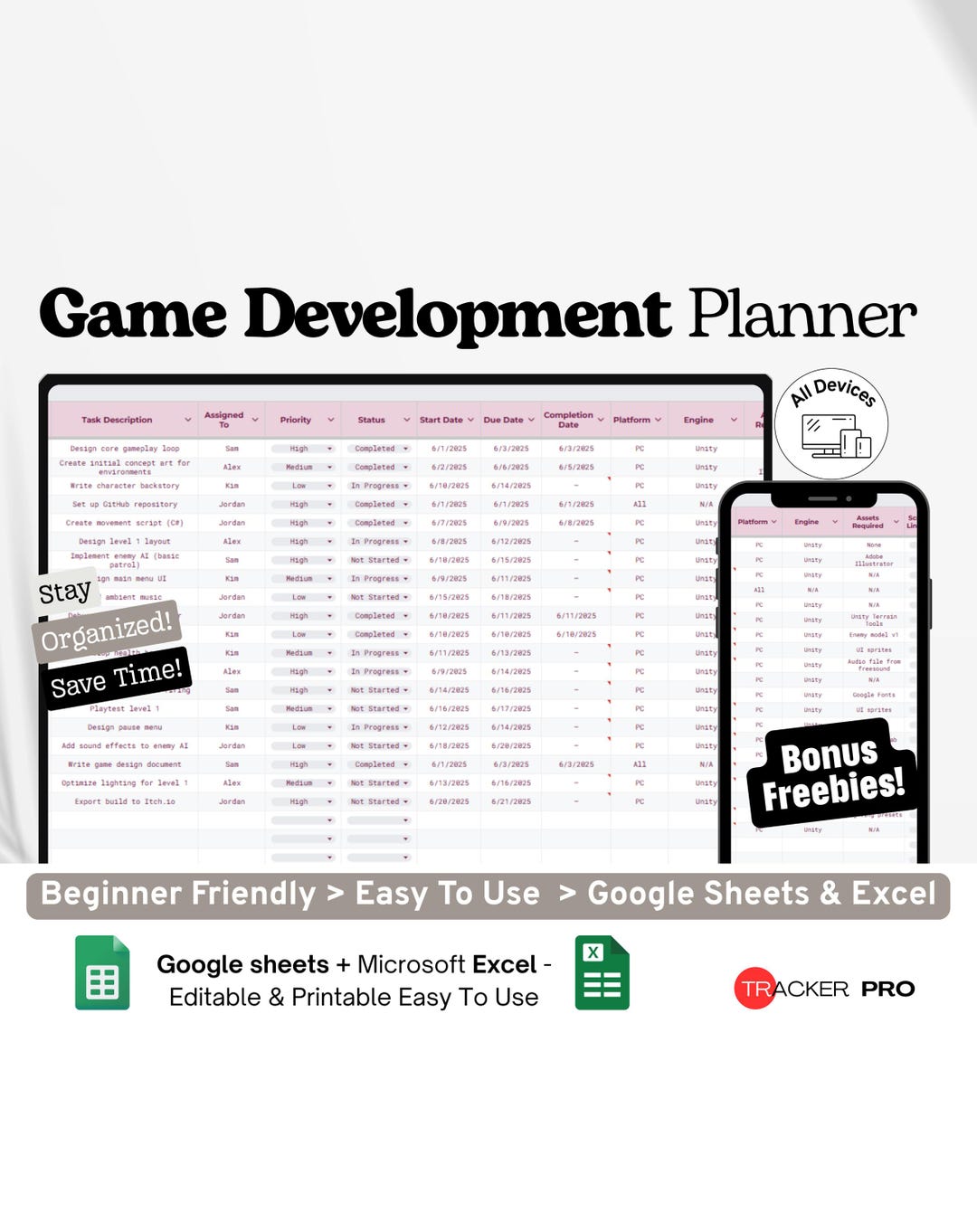 Game Development Planner Google Excel, Indie Game Project Tracker ...