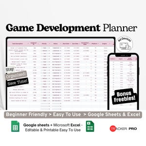Game Development Planner Google Excel, Indie Game Project Tracker, Level Design Log, Game Dev Task List Template Google Sheets