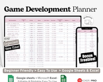 Game Development Planner Google Excel, Indie Game Project Tracker, Level Design Log, Game Dev Task List Template Google Sheets
