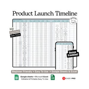 デジタル製品ローンチタイムライン（Googleスプレッドシート）、タスク、締め切り、コンテンツ作成、マーケティングキャンペーン、製品開発、プランナーを追跡