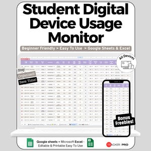 Screen Time Spreadsheet for Google Sheets and Excel Device Tracking Study Monitoring and Student Dashboard