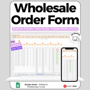 Mall för grossistbeställningsformulär i Google Sheets, spårning av bulkprodukter och inköpsorder, kalkylblad för leverantörsfakturalogg för grossist, Excel-ark