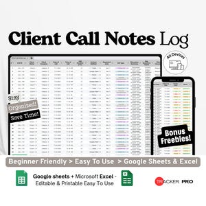 Logboek voor klantgesprekken in Google Excel, overzicht van vergaderingen, consultatielogboek, spreadsheet voor gespreksevaluatie, CRM-notitiesjabloon