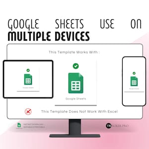 May include: A computer monitor displays a graphic promoting Google Sheets usage on multiple devices. The image shows a tablet, computer, and phone with Google Sheets icons. Text includes "This Template Works With" and "This Template Does Not Work With Excel."