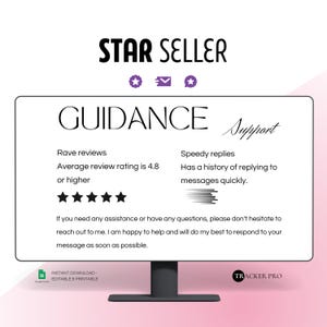 以下が含まれることがあります： 「STAR SELLER」と「GUIDANCE Support」というテキストが表示されたグラフィックを映し出すコンピューター画面。グラフィックには、5つ星の評価、メッセージアイコン、吹き出しアイコンが表示されています。アイコンの下のテキストには、「Rave reviews Average review rating is 4.8 or higher」と「Speedy replies Has a history of replying to messages quickly.」と表示されています。
