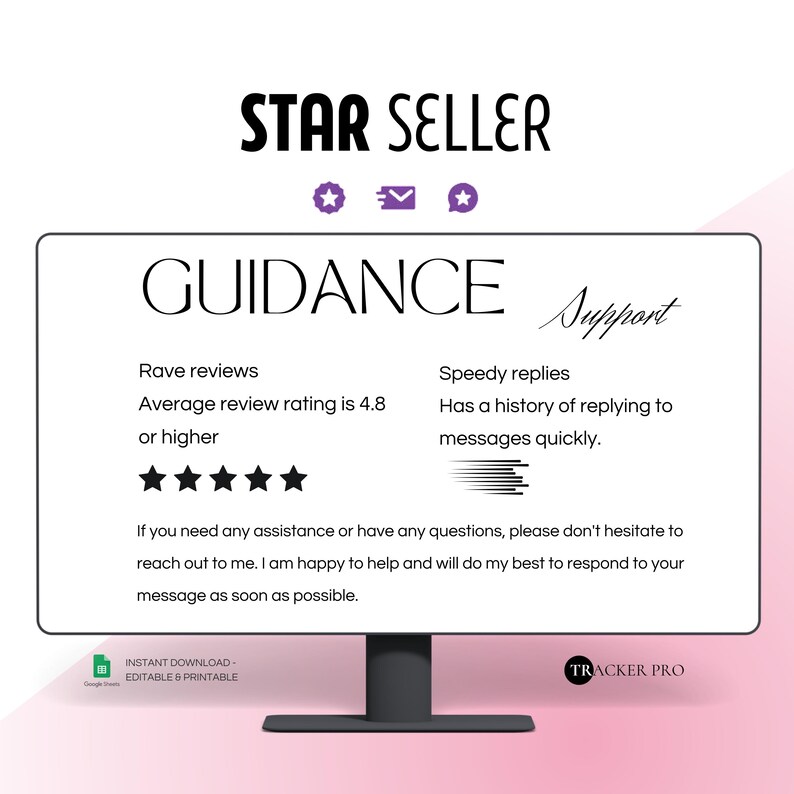 以下が含まれることがあります： 「STAR SELLER」と「GUIDANCE Support」というテキストが表示されたグラフィックを映し出すコンピューター画面。グラフィックには、5つ星の評価、メッセージアイコン、吹き出しアイコンが表示されています。アイコンの下のテキストには、「Rave reviews Average review rating is 4.8 or higher」と「Speedy replies Has a history of replying to messages quickly.」と表示されています。
