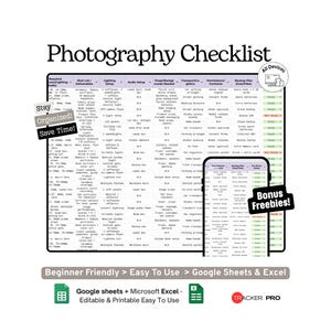 Photography and Media Checklist Google Sheets Template (Photo Shoot Planning, Media Assets and Content Creation Log) Excel