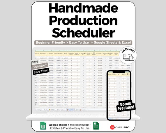 Handmade Production Planner Google Sheets and Excel Craft Business Workflow Tracker Editable