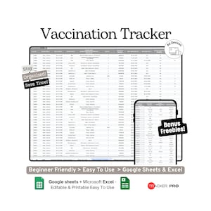 Planilha do Excel para Registro de Vacinação e Imunização (Google Sheets): Acompanhe vacinas, datas, registros de imunização para crianças e adultos, saúde e planejamento médico.