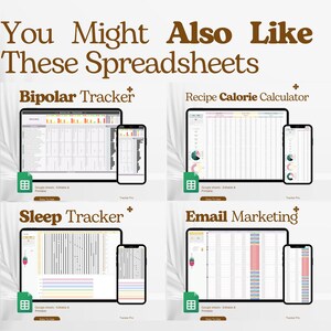 May include: Four Google Sheets templates for tracking bipolar disorder, sleep, recipes, and email marketing. Each template has a colorful design and includes a small preview of the mobile version.