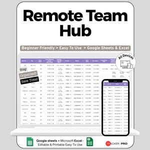 Può includere: Un mockup di prodotto digitale con un laptop e uno smartphone che mostrano un foglio di calcolo. Il testo recita "Remote Team Hub", "Beginner Friendly" e "Easy To Use". Il testo aggiuntivo include "Stay Organized!" e "Save Time!"