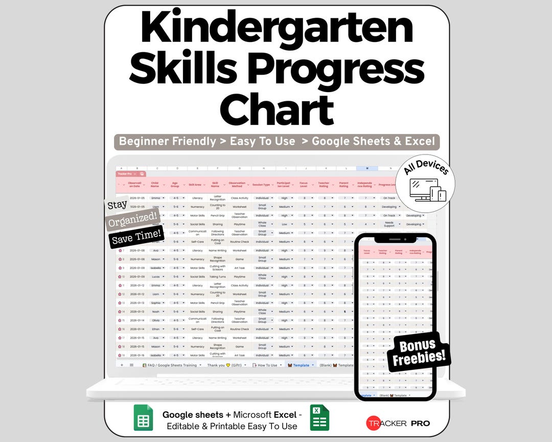 Kindergarten Skills Spreadsheet for Google Sheets and Excel Learning ...