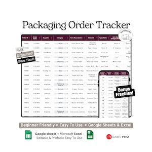 Product Packaging Order and Cost Tracker Google Sheets Template, Supplies, Costs and Packaging Inventory Spreadsheet, Excel and Google Sheets