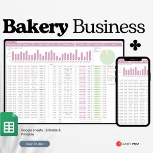 Puede incluir: Gráfico digital con el texto "Bakery Business". Una tableta y un smartphone muestran gráficos de datos. La imagen incluye el logotipo de Google Sheets y el texto "Google sheets - Editable & Printable".