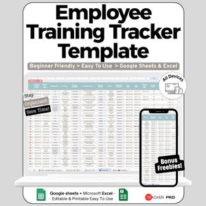 Peut inclure: Un modèle numérique de suivi de la formation des employés affiché sur un ordinateur portable et un smartphone. Le modèle est conçu pour Google Sheets et Excel, avec le texte "Employee Training Tracker Template" en haut. Le texte supplémentaire comprend "Beginner Friendly > Easy To Use" et "All Devices."