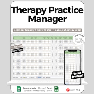Peut inclure: Un modèle de feuille de calcul numérique Therapy Practice Manager pour Google Sheets et Excel. L'affichage montre un tableau de données avec des colonnes pour les détails des séances. Le texte inclut "Beginner Friendly", "Stay Organized!", "Save Time!", "All Devices", "Bonus Freebies!" et "Tracker Pro".
