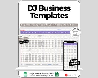 DJ Business Bundle Google Sheets Template, Event Booking Pipeline & Setlist Planner, Equipment Inventory and Per Gig Profit Tracker, Log