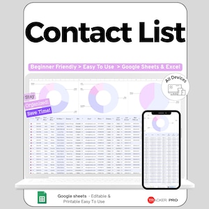 Peut inclure: Un modèle de liste de contacts numérique affiché sur un écran d'ordinateur portable et de smartphone. L'interface présente des graphiques en secteurs et un tableau de données. Le texte inclut Contact List, Beginner Friendly, Google Sheets & Excel, Stay Organized, Save Time, All Devices et Tracker Pro.
