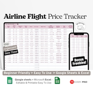 Airline Flight Price Tracker Google Sheets, Fare Comparison Sheet, Travel Deal Tracker, Flight Booking Log Spreadsheet Template