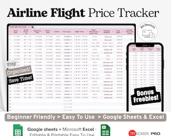 Airline Flight Price Tracker Google Sheets, Fare Comparison Sheet, Travel Deal Tracker, Flight Booking Log Spreadsheet Template