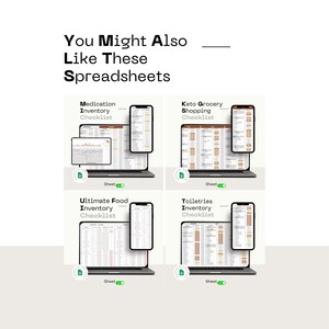 Puede incluir: Imagen con el texto "You Might Also Like These Spreadsheets". Muestra cuatro pantallas de port&aacute;tiles y smartphones que muestran listas de verificaci&oacute;n de inventario para Medicamentos, Compras Keto, Alimentos Definitivos y Art&iacute;culos de tocador.