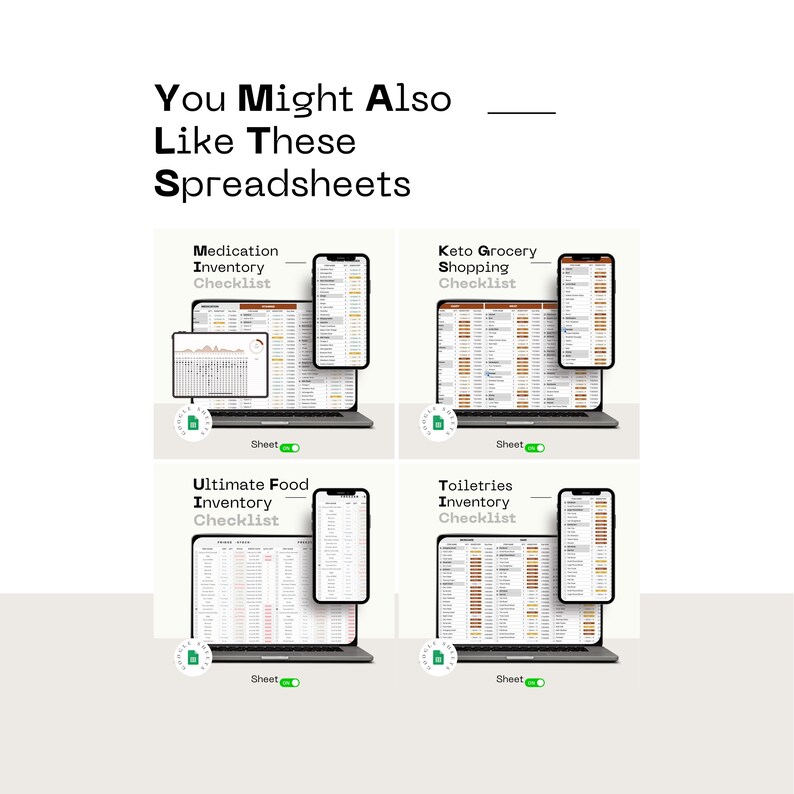 Puede incluir: Imagen con el texto "You Might Also Like These Spreadsheets". Muestra cuatro pantallas de port&aacute;tiles y smartphones que muestran listas de verificaci&oacute;n de inventario para Medicamentos, Compras Keto, Alimentos Definitivos y Art&iacute;culos de tocador.
