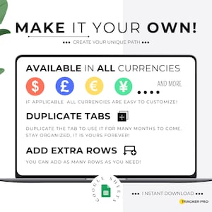 May include: A laptop screen displaying a digital product advertisement with the text "Make it your own!" and "Available in all currencies". The advertisement features icons for different currencies, including the dollar, pound, euro, and yen. It also includes the text "Duplicate tabs" and "Add extra rows".