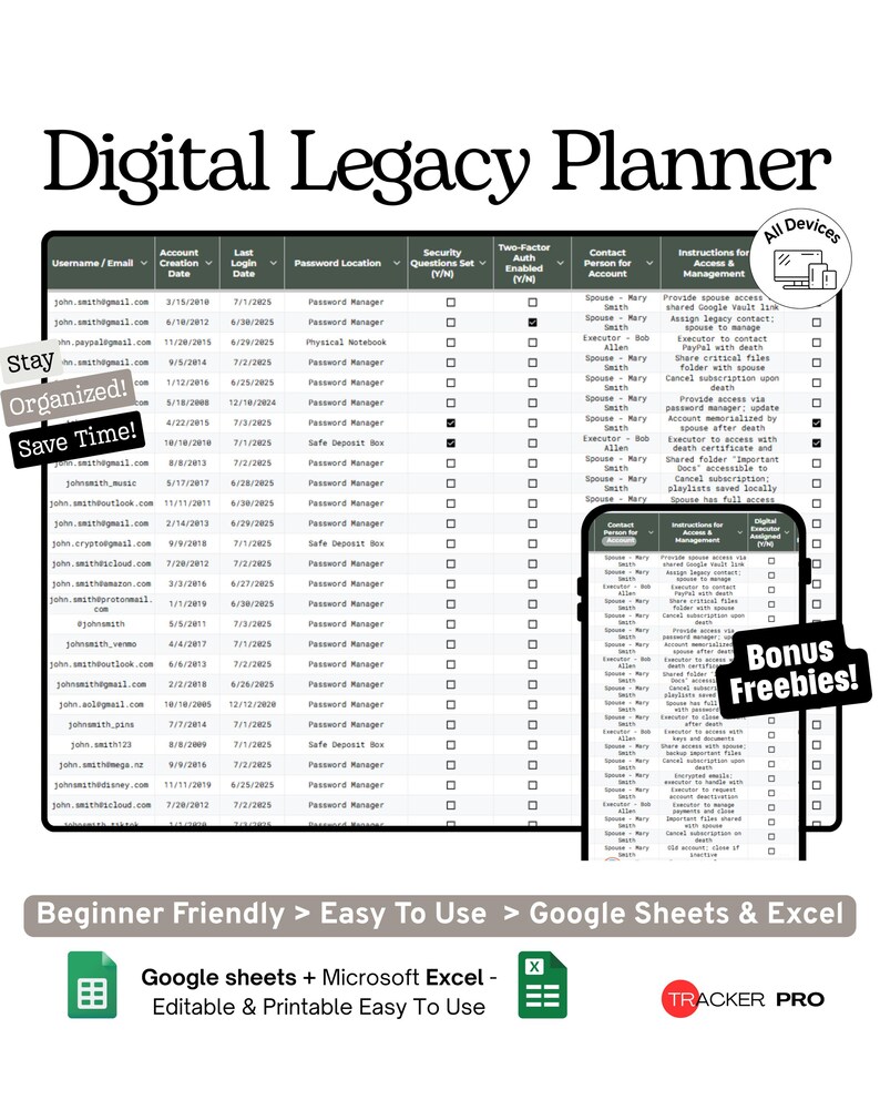 Digital Legacy Planner Google Sheets Template, Online Accounts, Passwords, Instructions and End-of-Life Digital Asset Organizer, Excel image 2