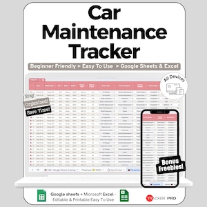Könnte beinhalten: Eine digitale Vorlage zur Fahrzeugwartung für Google Sheets und Excel. Die Anzeige zeigt eine Tabelle mit Spalten für Fahrzeugdetails, Wartungsdaten und Aufgaben. Enthält Textbeschriftungen wie Car Maintenance Tracker, Stay Organized, Save Time, All Devices und Bonus Freebies.
