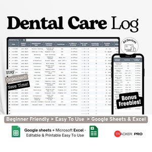 Registro de atención dental en Google Excel, calendario de citas, registro de tratamientos dentales, plantilla de diario de salud bucal, hoja de cálculo de Google para visitas dentales