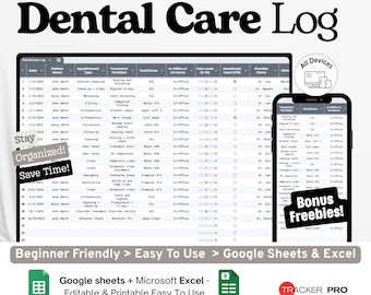 Dental Care Log Google Excel, Appointment Schedule, Dental Treatment Record, Oral Health Journal Template, Dental Visit Google Sheets Sheet