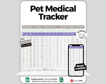 Pet Tracker Spreadsheet Google Sheets Template, Dog And Cat Health Record with Vet Visits Vaccinations & Medications, Annual Cost Dashboard