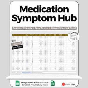 Peut inclure: Un écran d'ordinateur portable affiche une feuille de calcul intitulée "Medication Symptom Hub". Le texte "Beginner Friendly > Easy To Use > Google Sheets & Excel" est visible. Le texte supplémentaire comprend "Stay Organized! Save Time!" et "All Devices."