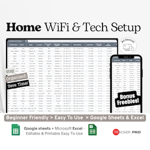 Google Excel-bestand voor het bijhouden van wifi- en technische installaties thuis, logboek voor wachtwoorden en apparaten, organisator van internetapparatuur, Google Sheets-bestand voor het inventariseren van slimme technologie.