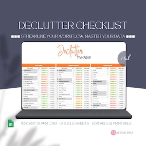 Può includere: Un modello di foglio di calcolo digitale di checklist di decluttering in Google Sheets. Il foglio di calcolo ha tre schede: Cucina, Soggiorno e Camera da letto. Ogni scheda ha colonne per il nome dell'articolo, la quantità, l'inventario e la data dell'ultimo utilizzo. Il foglio di calcolo è progettato per aiutare gli utenti a declutterare le loro case tenendo traccia dei loro effetti personali e identificando gli articoli di cui non hanno più bisogno.