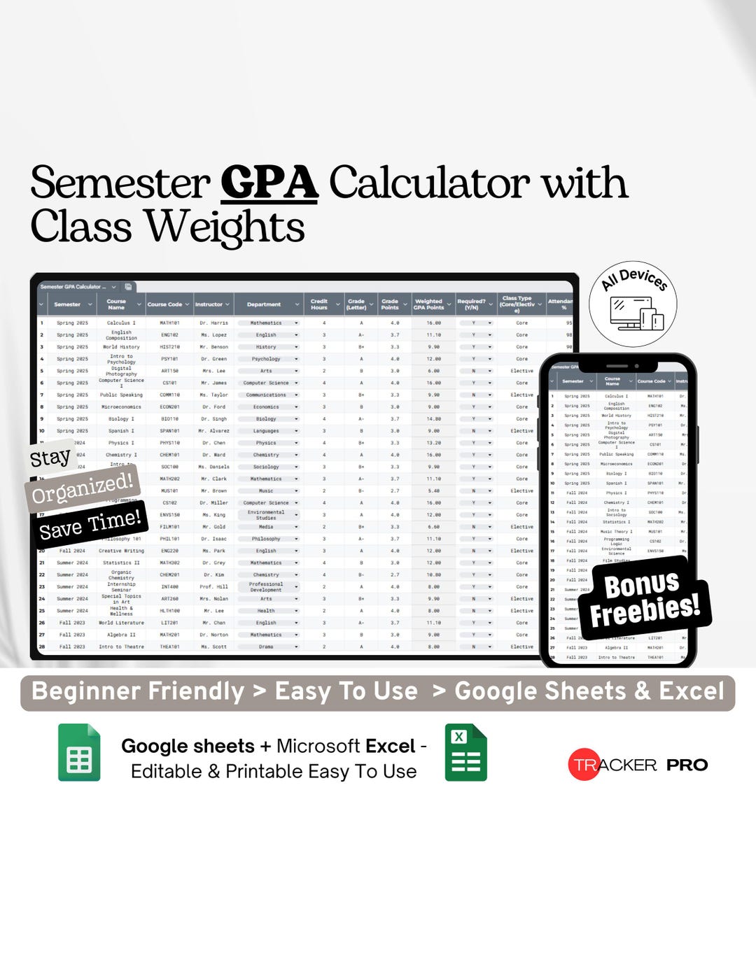 Semester GPA Calculator Google Excel, Class Grade Tracker With ...