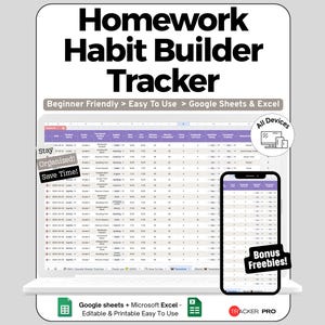 Homework Habit Spreadsheet for Google Sheets and Excel Study Routine Tracking and Progress Dashboard