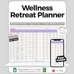 Peut inclure: Un planificateur de retraite bien-être numérique affiché sur un ordinateur portable et un smartphone. Le planificateur est conçu pour Google Sheets et Excel, et est adapté aux débutants. Le texte sur l'image indique "Wellness Retreat Planner".