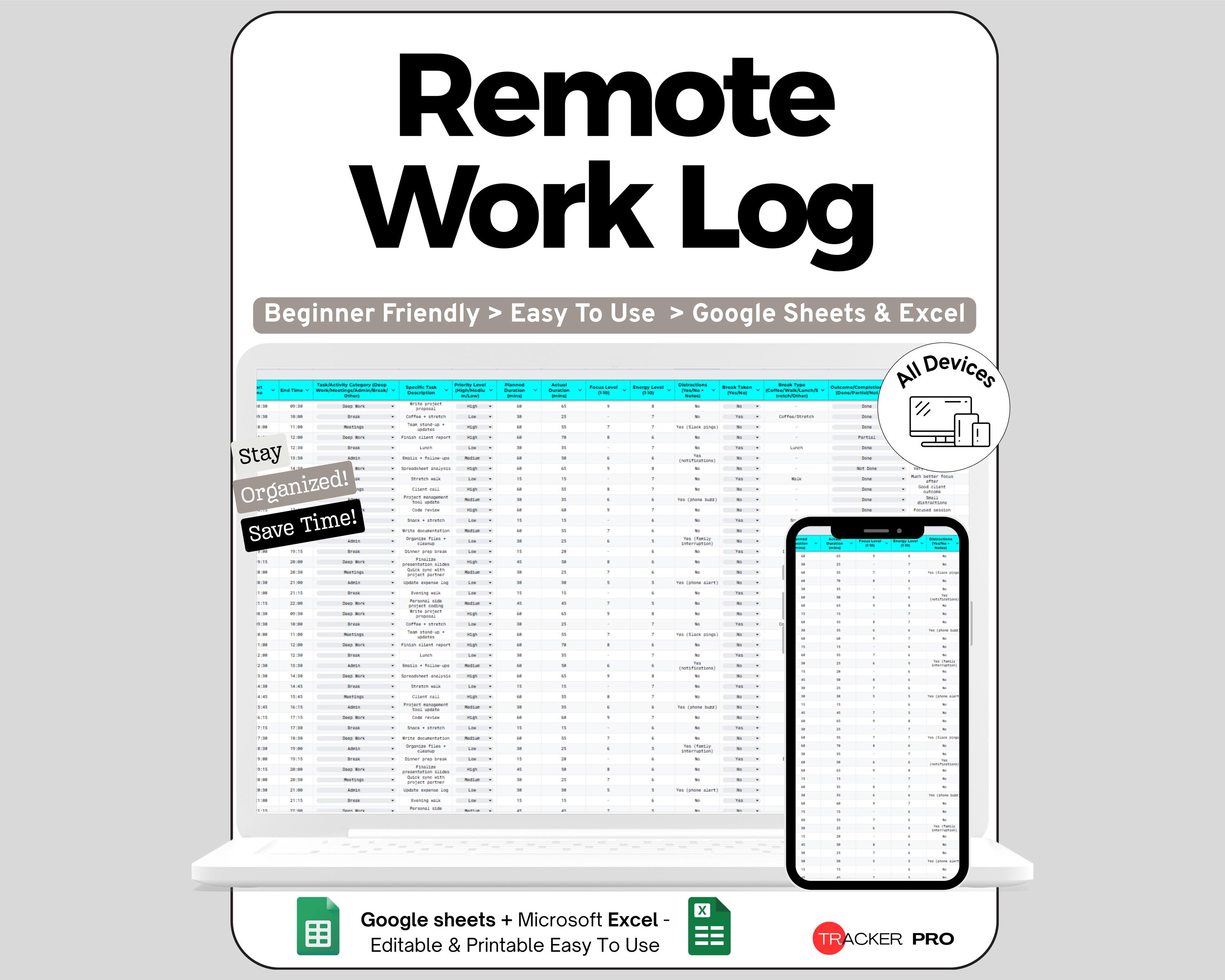Remote Work Log. Excel Remote Work Daily Productivity Log Google Sheets, Track Tasks, Breaks ...