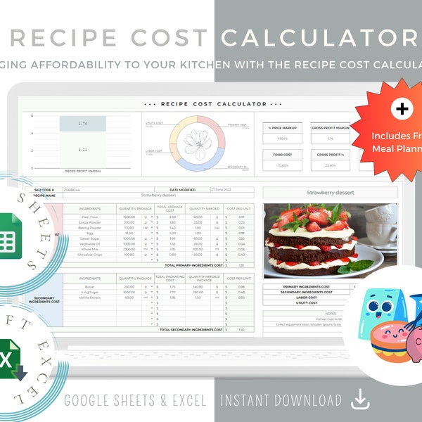 Rezeptkostenrechner zum Kochen und Backen, Google Sheets Excel, Rezeptpreis, Rezepttabelle, Gewinnrechner, Lebensmittelkosten, Lebensmittelpreise