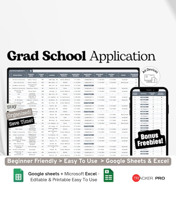Grad School Application Tracker Google Sheets, University Application Log, Deadlines Checklist, Statement of Purpose Planner Google Sheets