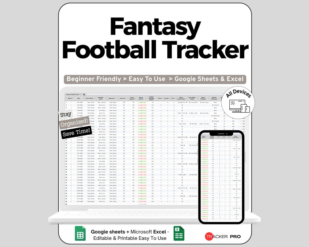 Fantasy Football League Excel Google Sheets ,track Weekly Scores,trades ...